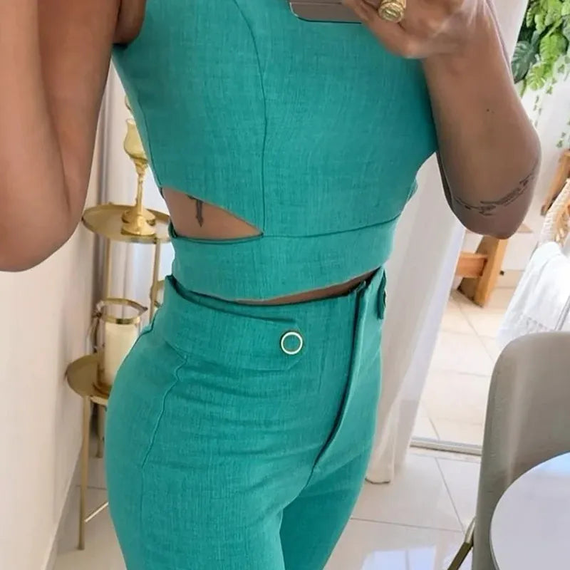 Ensemble Femme – Crop Top Sans Manches + Pantalon Taille Haute – Coupe Évasée Élégante