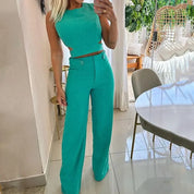 Ensemble Femme – Crop Top Sans Manches + Pantalon Taille Haute – Coupe Évasée Élégante