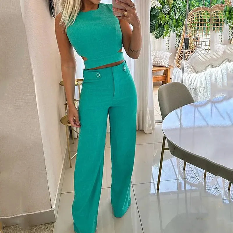 Ensemble Femme – Crop Top Sans Manches + Pantalon Taille Haute – Coupe Évasée Élégante