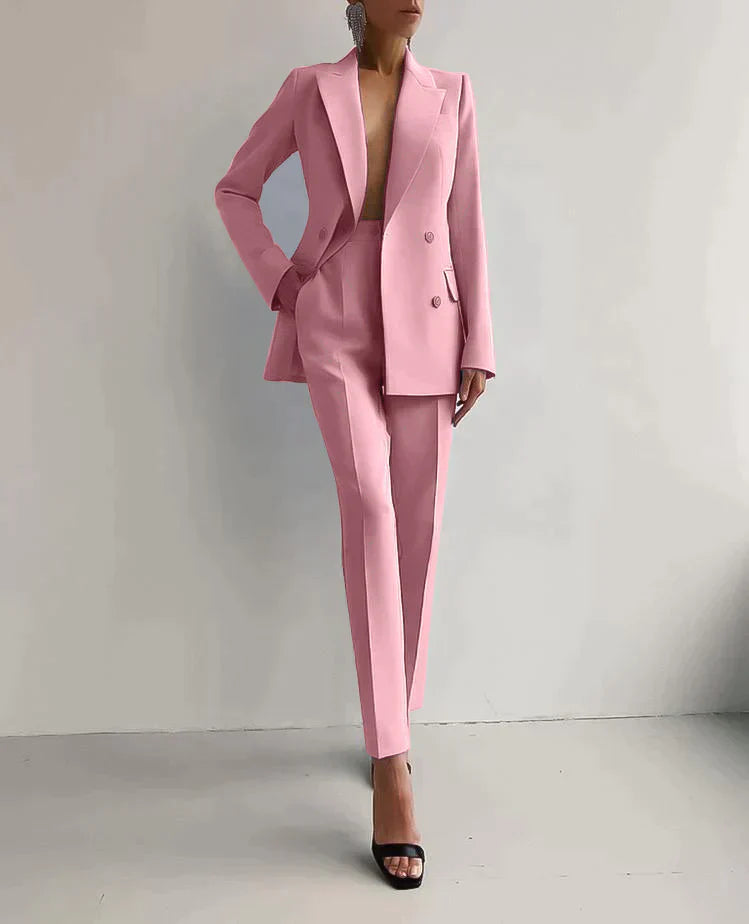 Tailleur Femme – Blazer Cintré Double Boutonnage & Pantalon Taille Haute Élégant