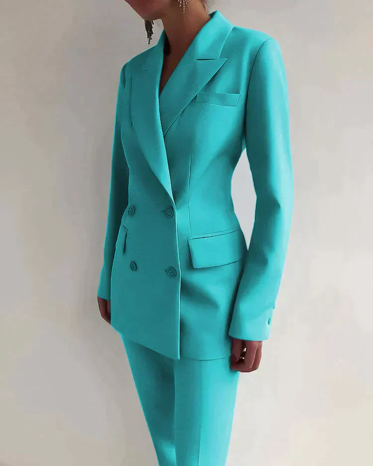 Tailleur Femme – Blazer Cintré Double Boutonnage & Pantalon Taille Haute Élégant