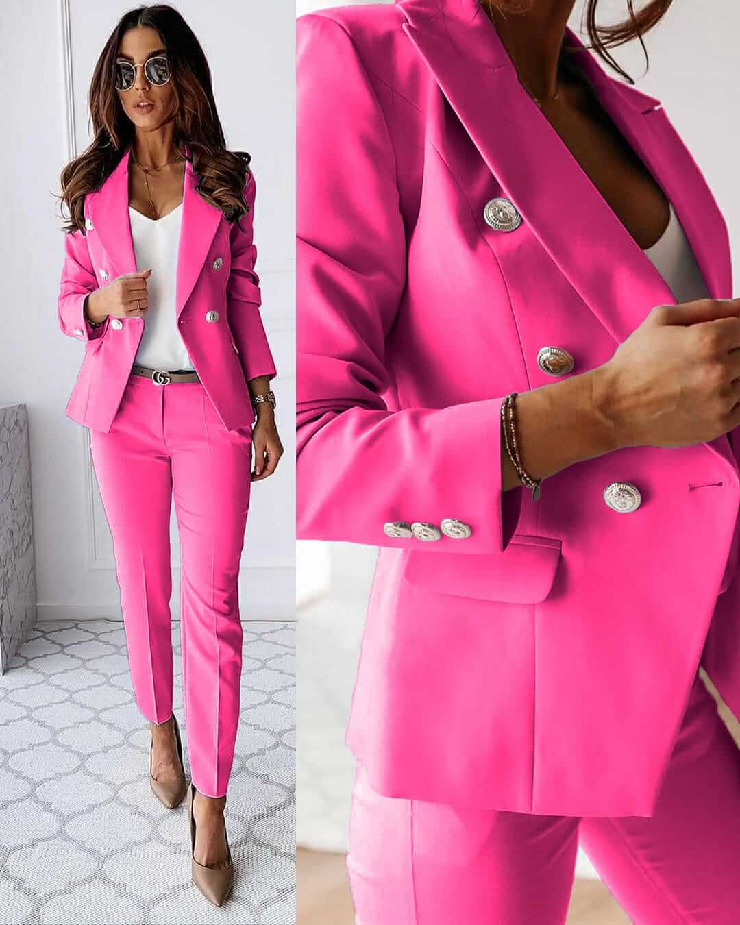 Tailleur Femme - Blazer Croisé Cintré & Pantalon Droit - Élégant & Professionnel