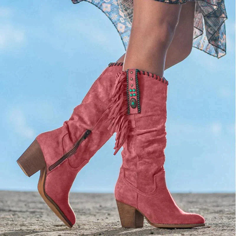 Bottes Western Femme - Hauteur Mi-Mollet - Franges et Tressage - Talon Plat