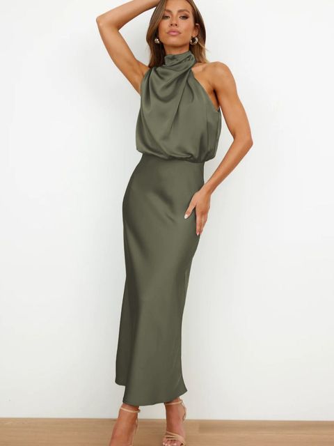 Robe de Soirée Femme - Longue Satinée - Décolleté Halter - Coupe Ajustée Élégante