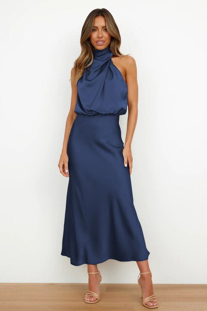 Robe de Soirée Femme - Longue Satinée - Décolleté Halter - Coupe Ajustée Élégante