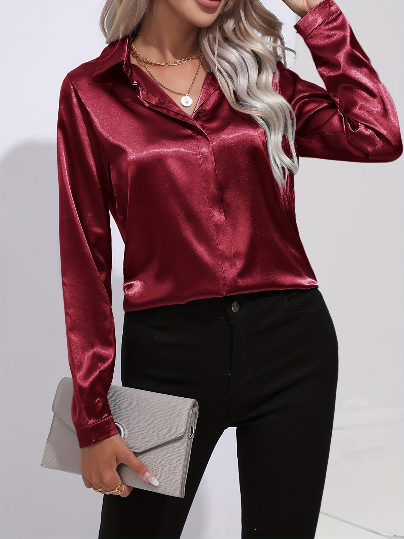 Blouse Femme - Satin Brillant - Manches Longues - Coupe Ajustée Élégante