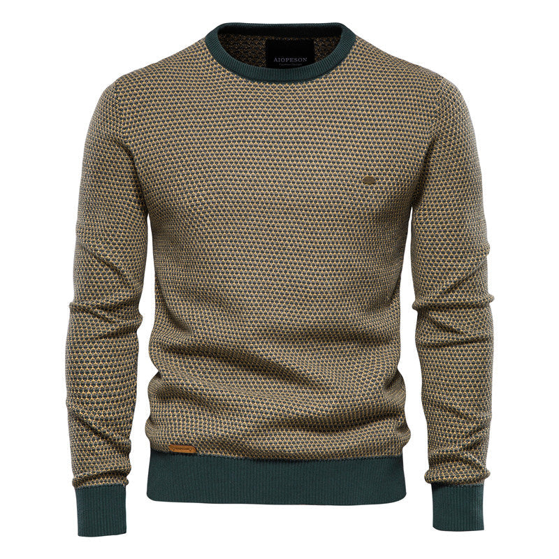 Pull Homme - Col Rond - Motif Géométrique - Ourlet et Poignets Côtelés - Style Chic Casual