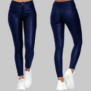 Pantalon Skinny Taille Haute Femme - Effet Cuir - Coupe Ajustée - Fermeture Zip et Bouton