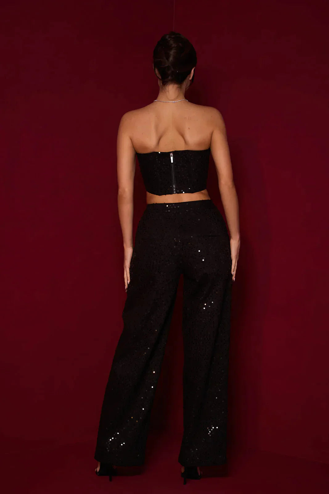 Ensemble Deux Pièces Femme - Bandeau Pailleté - Pantalon Taille Haute Évasé