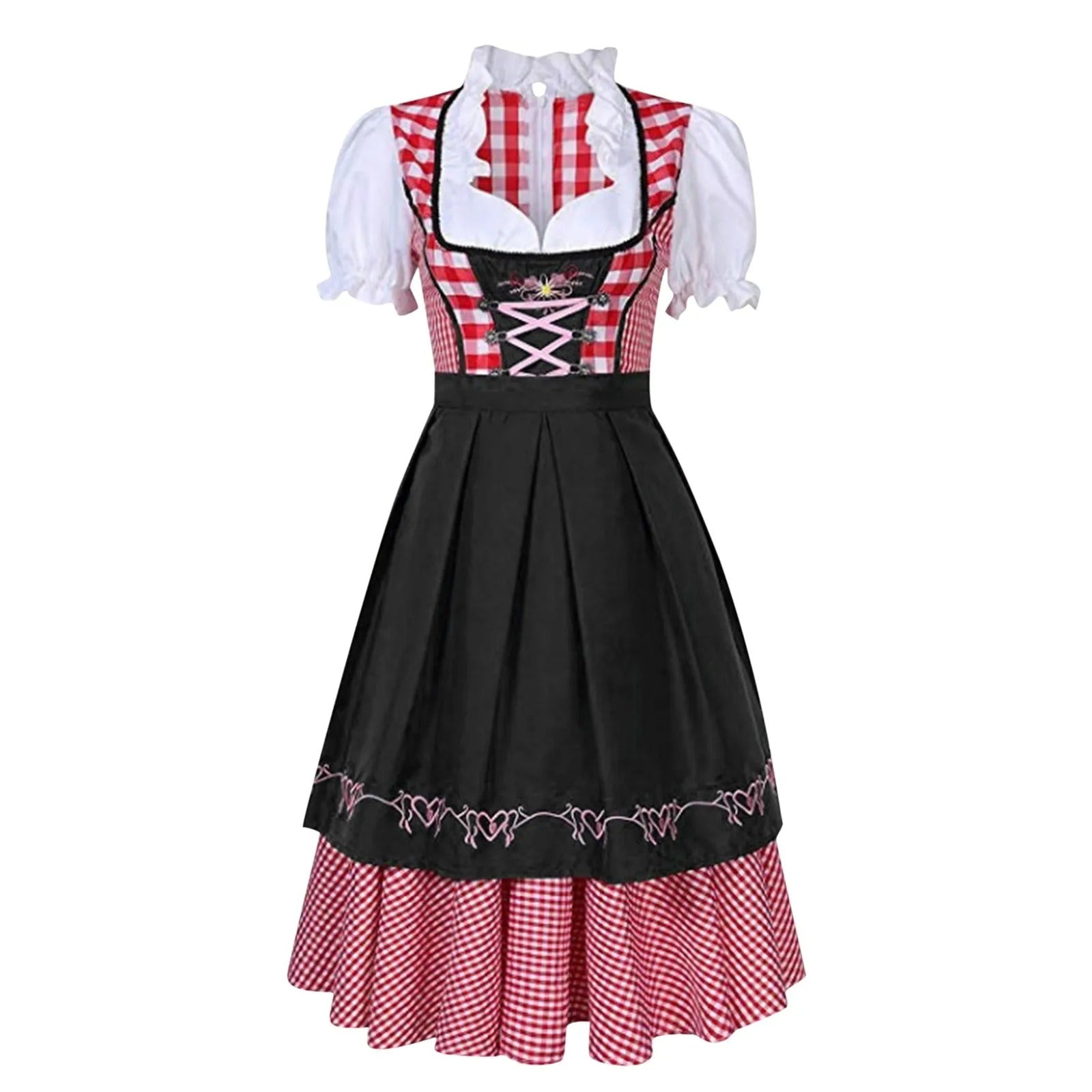 Robe Dirndl Femme - Bavaroise Traditionnelle - Corsage Lacé - Jupe Évasée à Carreaux