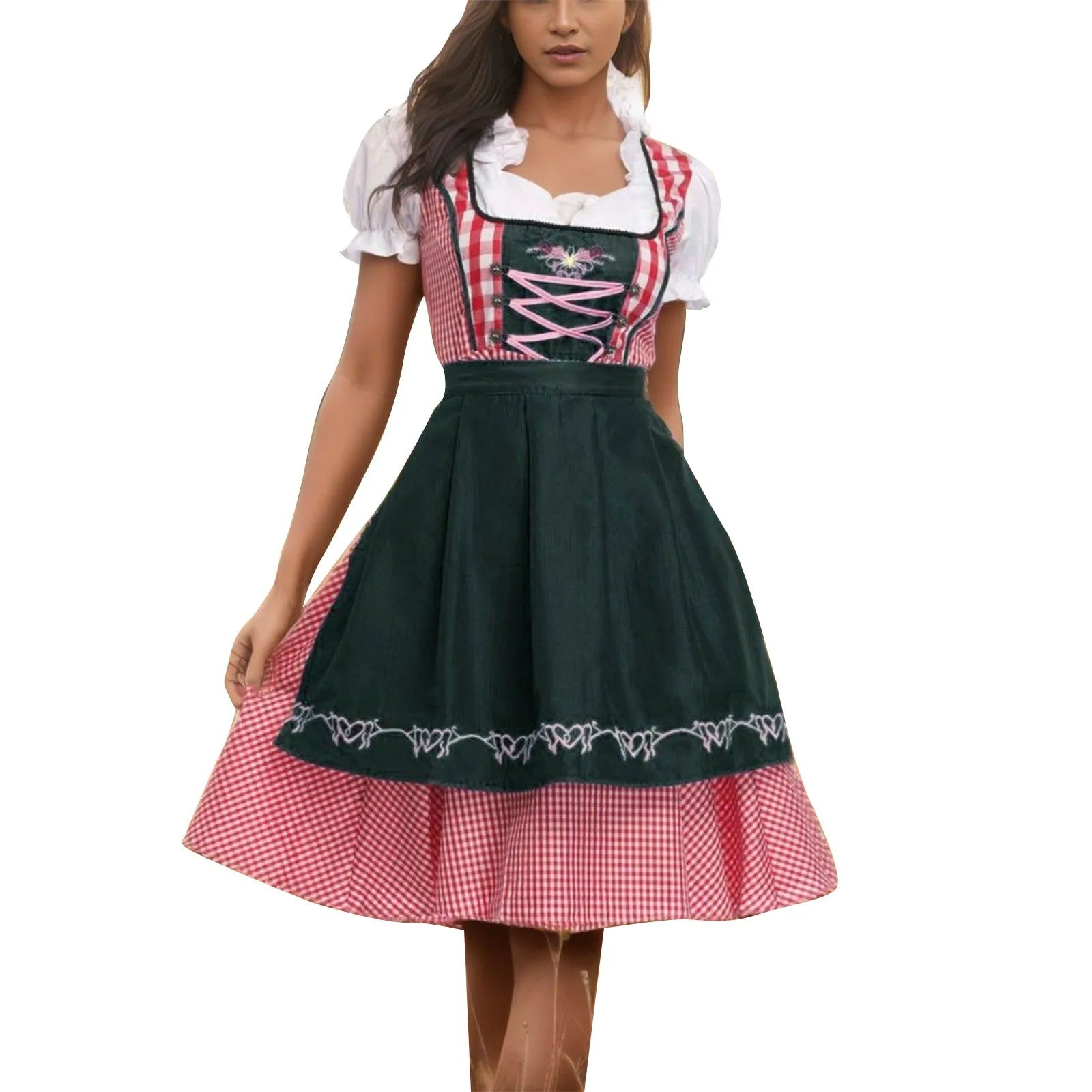 Robe Dirndl Femme - Bavaroise Traditionnelle - Corsage Lacé - Jupe Évasée à Carreaux