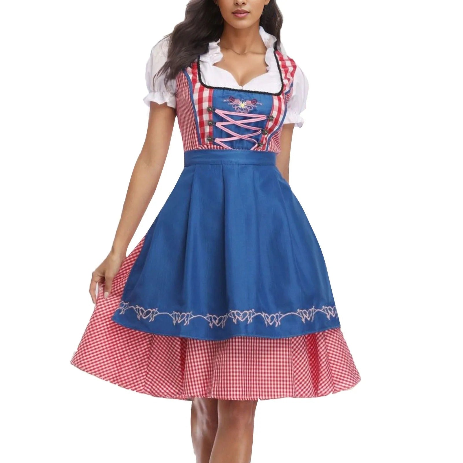 Robe Dirndl Femme - Bavaroise Traditionnelle - Corsage Lacé - Jupe Évasée à Carreaux