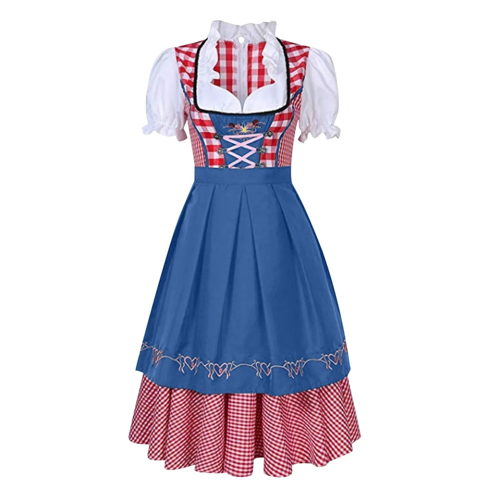 Robe Dirndl Femme - Bavaroise Traditionnelle - Corsage Lacé - Jupe Évasée à Carreaux