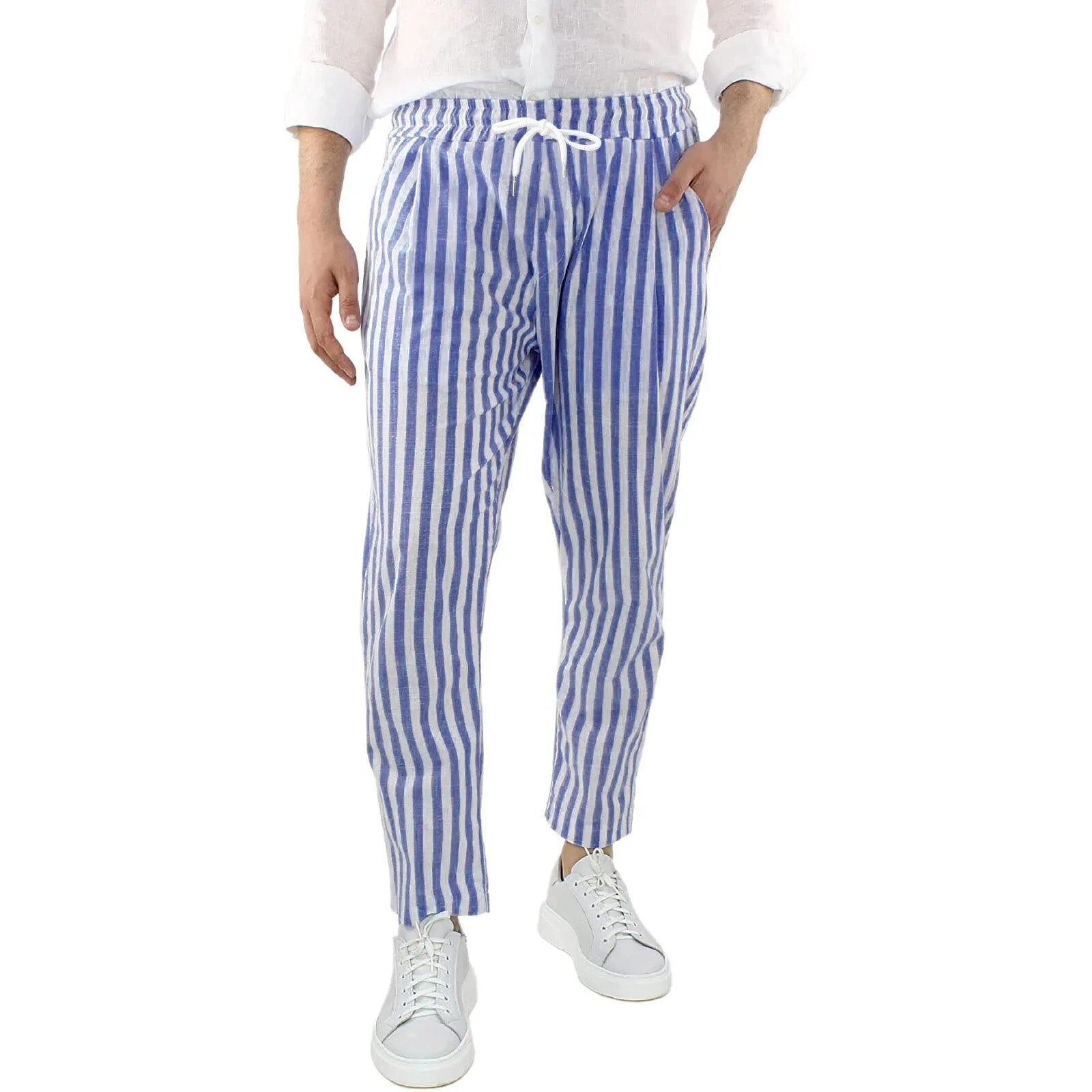 Pantalon Homme - Rayé - Taille Cordon Ajustable - Tissu Léger et Respirant - Coupe Ajustée