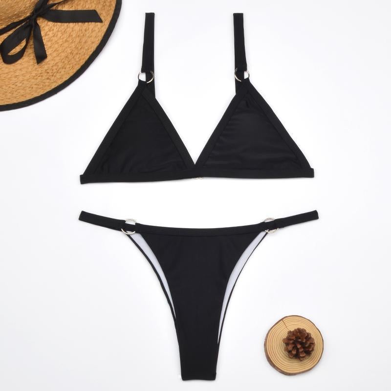 Alessia - Maillot de bain bikini 2 pièces anneaux en métal doré et bonnets triangulaires