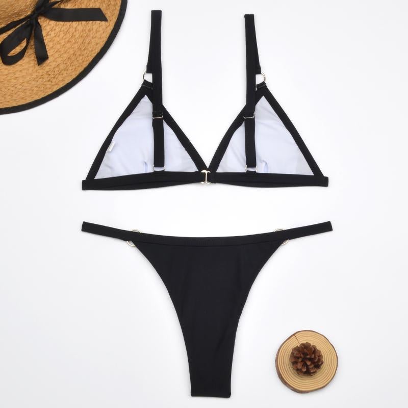 Alessia - Maillot de bain bikini 2 pièces anneaux en métal doré et bonnets triangulaires