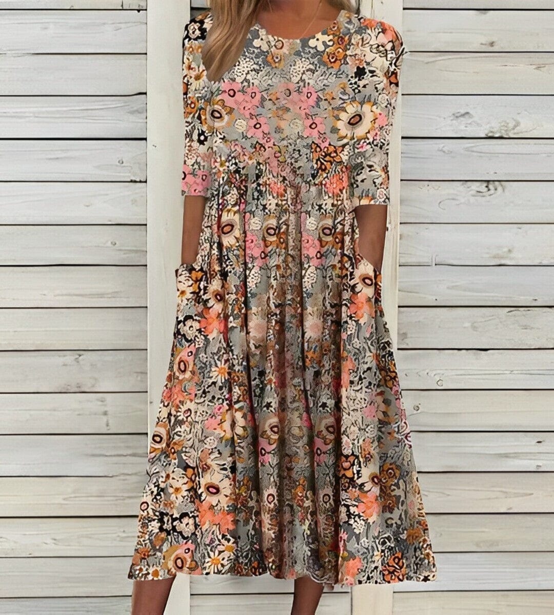 Robe Midi Femme - Imprimé Floral - Manches Mi-Longues - Encolure Ronde - Coupe Évasée