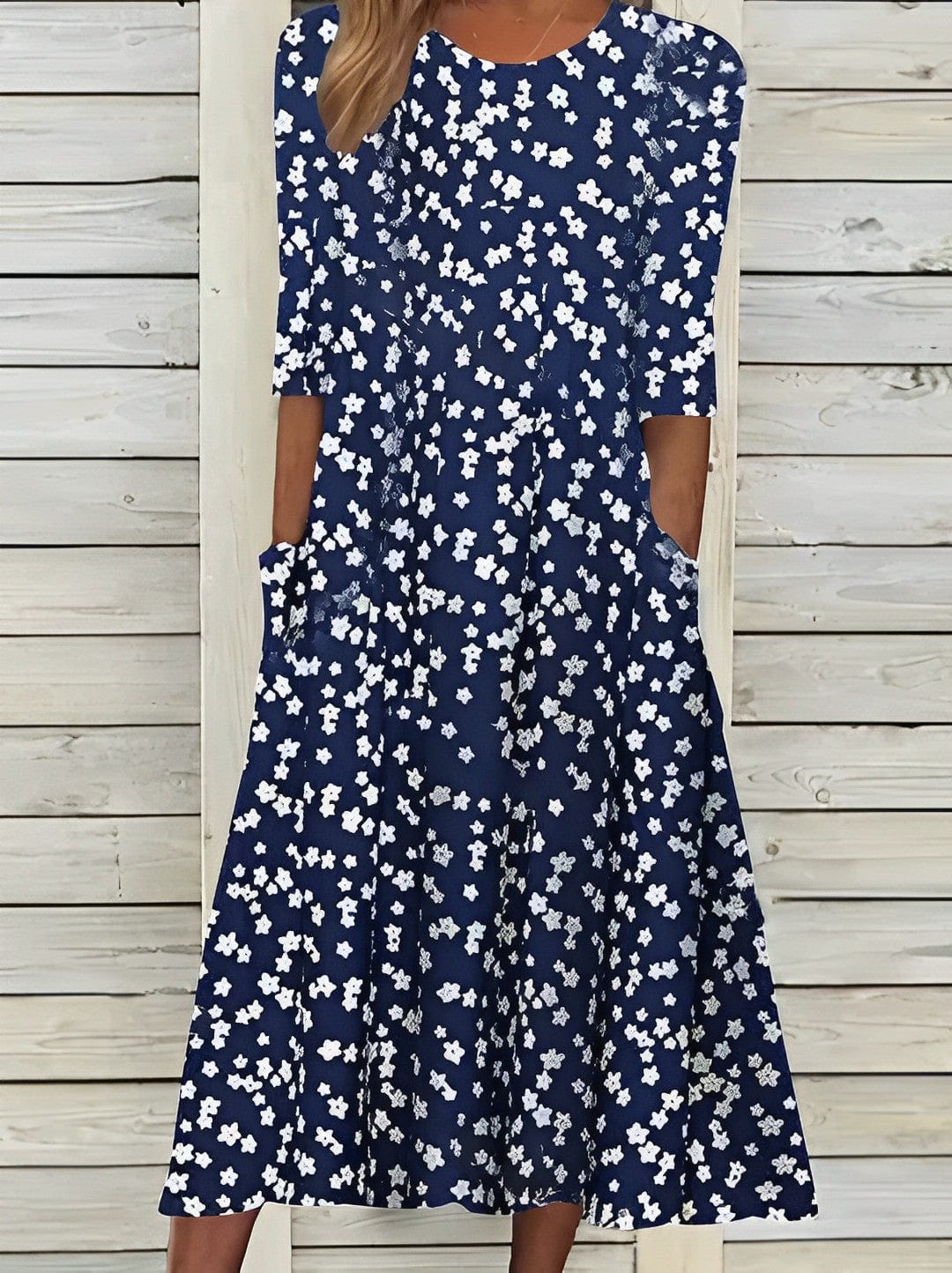 Robe Midi Femme - Imprimé Floral - Manches Mi-Longues - Encolure Ronde - Coupe Évasée