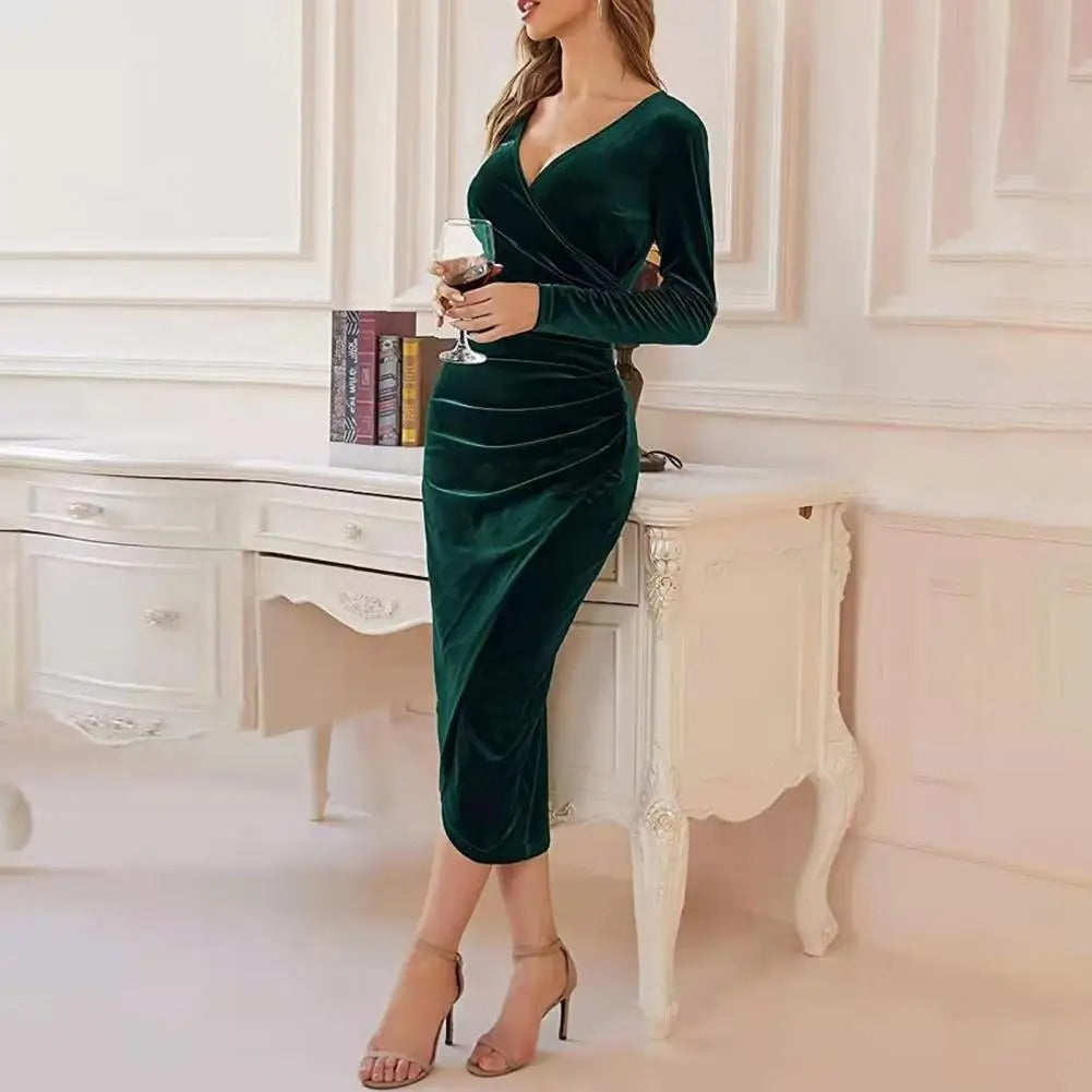 Robe Femme - Velours Luxueux - Coupe Ajustée - Encolure V Cache-Cœur - Manches Longues - Longueur Midi