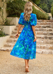 Robe Femme - Maxi Longue - Imprimé Fleuri - Col V Élégant - Manches Bouffantes - Taille Cintrée