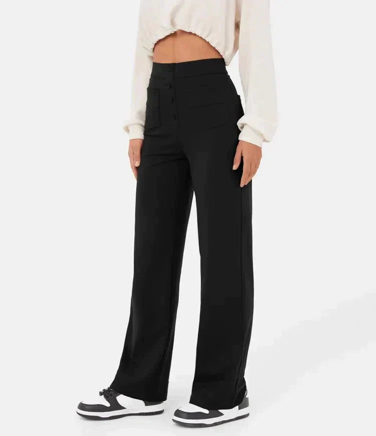 Pantalon large taille haute femme - Coupe droite élégante - Détail boutons sophistiqué