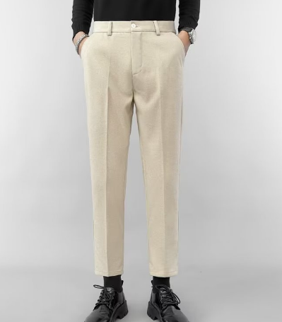 Pantalon Homme - Coupe Ajustée - Laine Mélangée - Taille avec Passants - Style Élégant