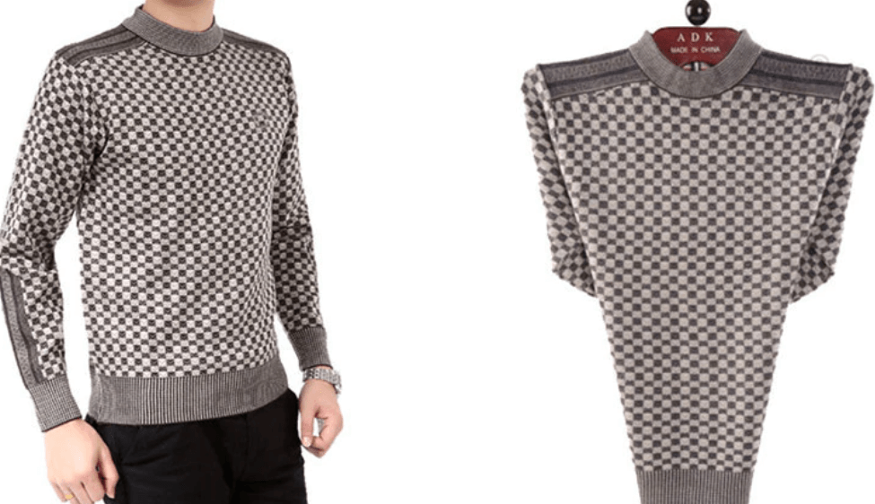 Pull Homme - Maille Tricotée - Motif Carreaux - Col Rond - Poignets et Ourlet Côtelés