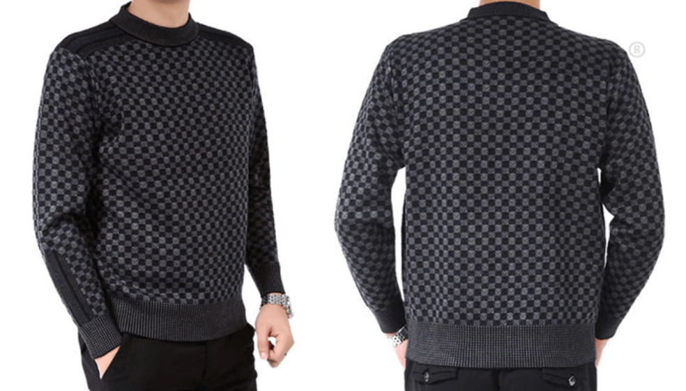 Pull Homme - Maille Tricotée - Motif Carreaux - Col Rond - Poignets et Ourlet Côtelés