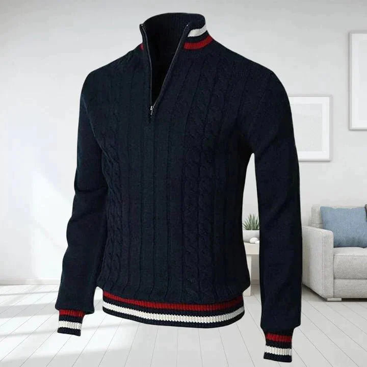 Pull Homme - Pull Maille Torsadée - Col Zippé - Détail Rayé Poignets et Ourlet