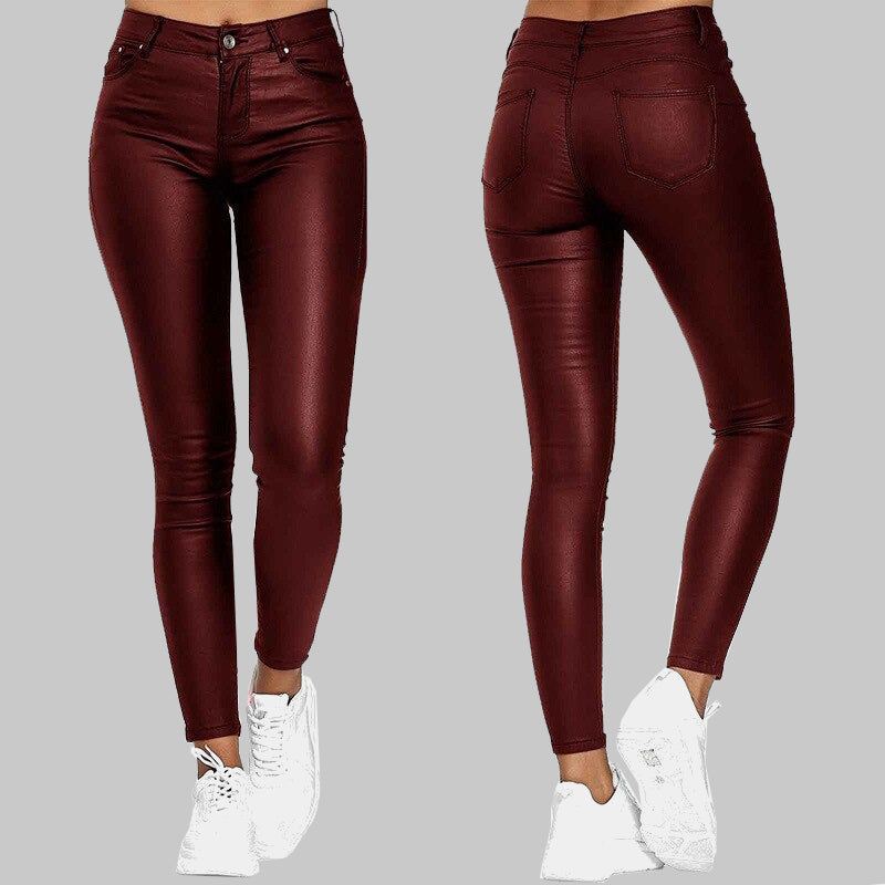 Pantalon Skinny Taille Haute Femme - Effet Cuir - Coupe Ajustée - Fermeture Zip et Bouton